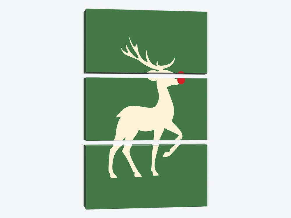 Natural Christmas - Rudolph The Red Nosed Reindeer On Green Background by Page Turner 3-piece Canvas Art