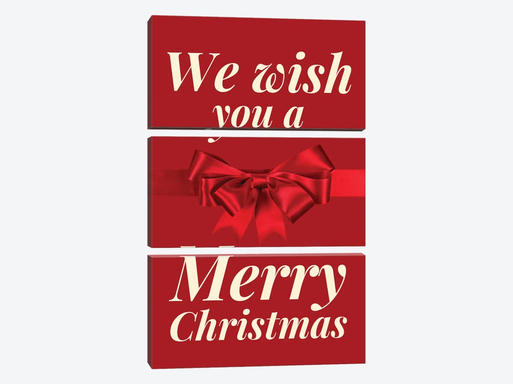 Christmas Bow - We Wish You A Merry Christmas In Red by Page Turner 3-piece Canvas Art Print