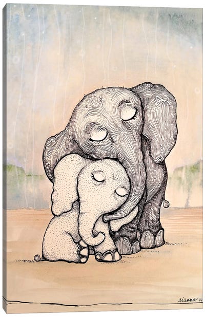 Whimsical Mom and Baby Elephant Canvas Art Print - Sleeping & Napping Art