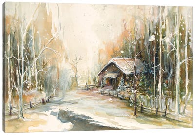 Cabin In Snowy Woods Canvas Art Print - Winter Art
