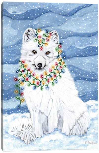 Christmas Lights Arctic Fox Canvas Art Print - Dawn Jackson