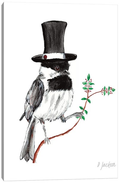 Whimsical Chickadee In Top Hat Canvas Art Print - Dawn Jackson