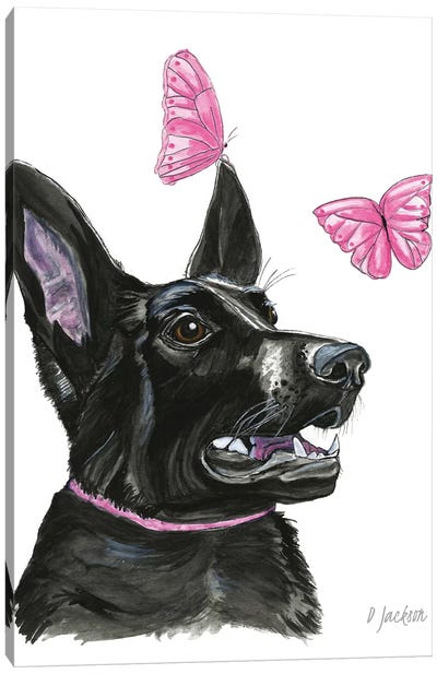 Black Dog With Butterflies Canvas Art Print - Dawn Jackson