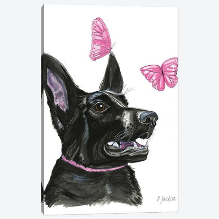 Black Dog With Butterflies Canvas Print #DJA7} by Dawn Jackson Canvas Artwork