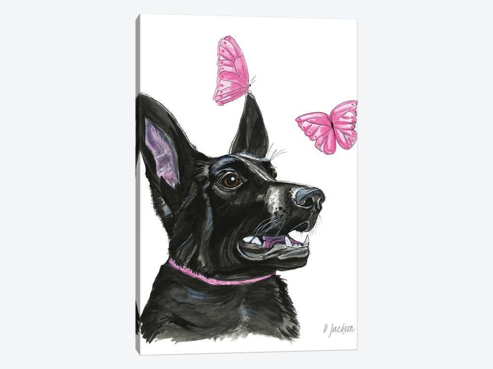 Black Dog With Butterflies by Dawn Jackson 1-piece Art Print