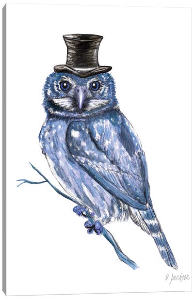 Blue Owl In Top Hat Canvas Art Print - Dawn Jackson