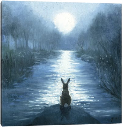 Isabella And Her Moon Canvas Art Print - Rabbit Art