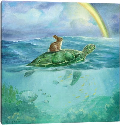 Isabella And The Turtle Canvas Art Print - Rabbit Art