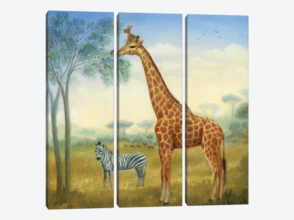 Isabella And The Giraffe by David Joaquin 3-piece Canvas Print