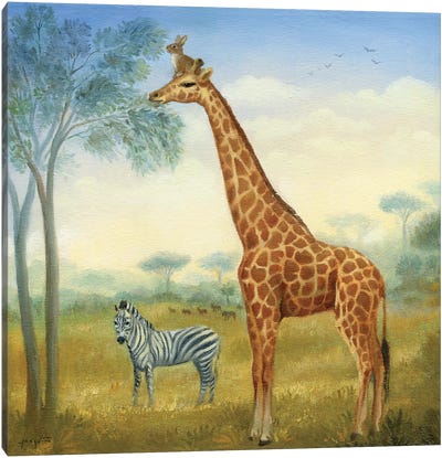 Isabella And The Giraffe Canvas Art Print - Zebra Art