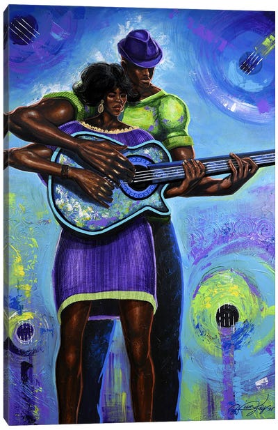 Guitar-Playing The Same Tune Canvas Art Print - Contemporary Portraiture by Black Artists