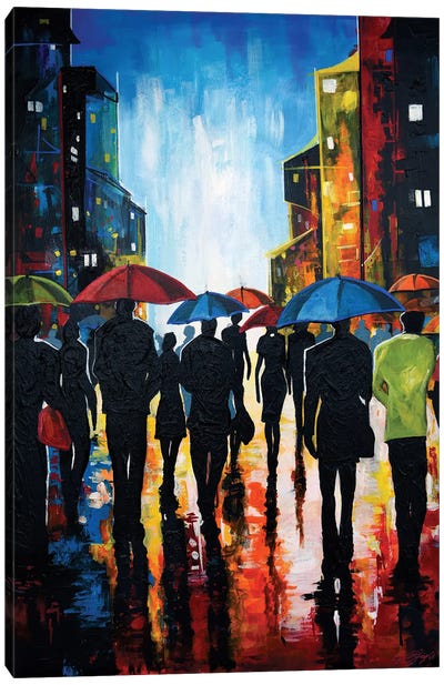Rainy Night In The City Canvas Art Print - Umbrella Art