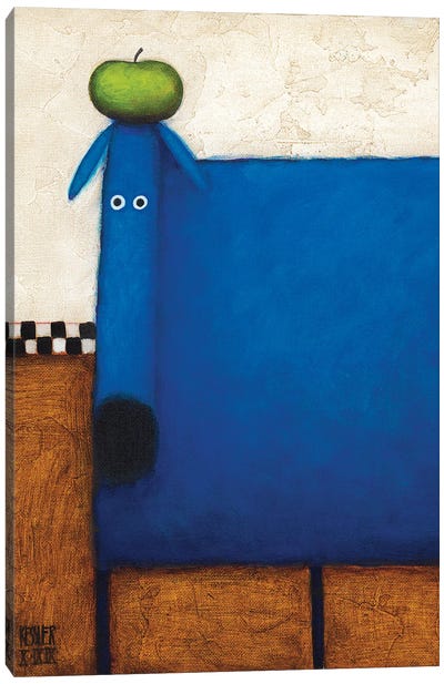 Blue Dog With Apple Canvas Art Print - Apple Art