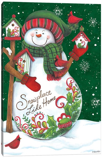 Snowman with Birdhouses Canvas Art Print - Snowman Art