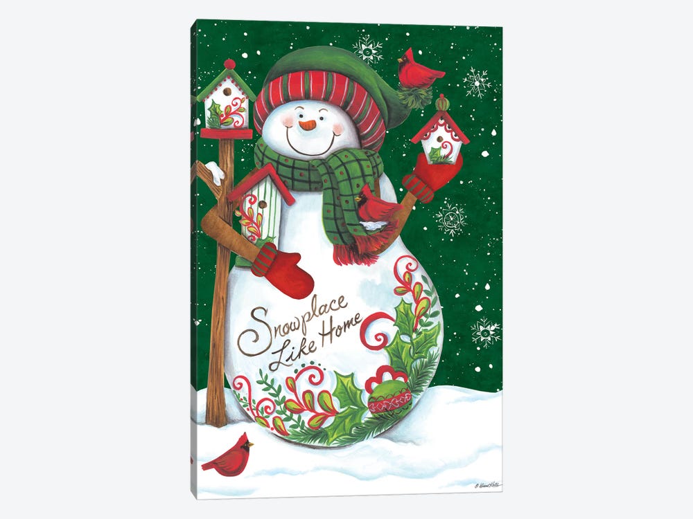 Snowman with Birdhouses by Diane Kater 1-piece Canvas Print