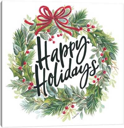 Happy Holidays Wreath Canvas Art Print - Christmas Trees & Wreath Art