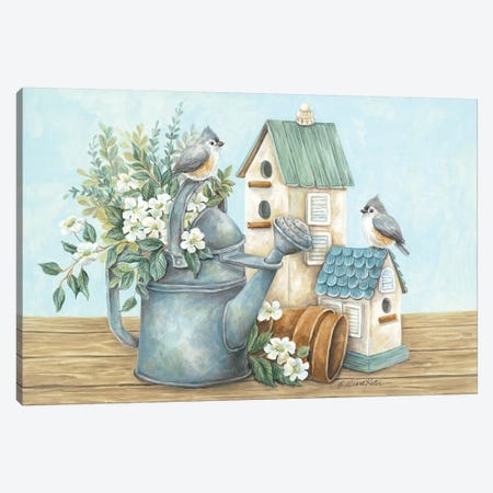 Watering Can and Chickadees Canvas Print #DKT24} by Diane Kater Art Print