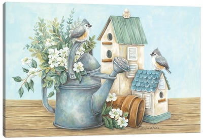 Watering Can and Chickadees Canvas Art Print - Gardening Art
