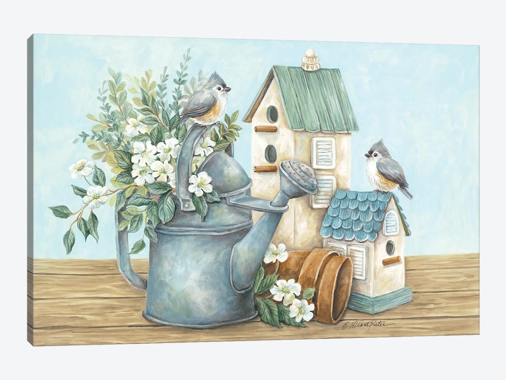 Watering Can and Chickadees by Diane Kater 1-piece Canvas Art