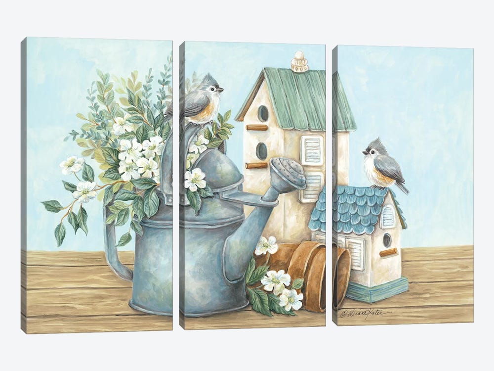 Watering Can and Chickadees by Diane Kater 3-piece Canvas Art