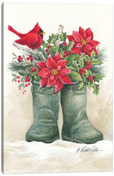 Christmas Lodge Boots Canvas Art Print - Poinsettia Art