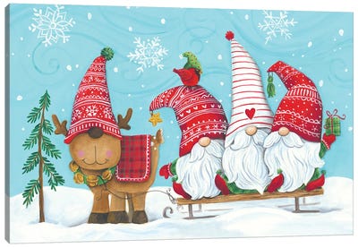 Elf Gnome Trio With Reindeer Canvas Art Print - Large Christmas Art