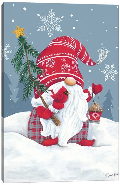 Snowy Gnome with Cardinal Canvas Art Print - Gnomes
