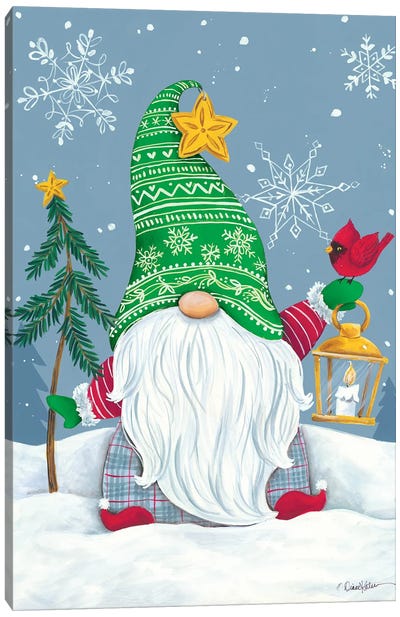 Snowy Gnome with Lantern Canvas Art Print - Christmas Gnome Art