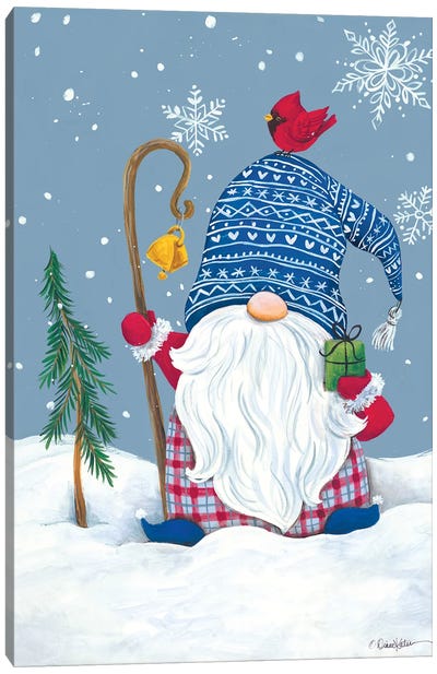 Snowy Gnome with Present Canvas Art Print - Winter Art