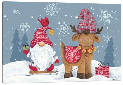 Snowy Gnome with Reindeer Canvas Art Print - Christmas Gnome Art