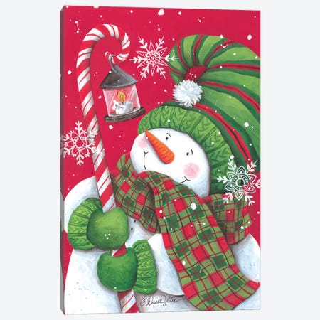 Snowman With Candy Cane Light Canvas Print #DKT48} by Diane Kater Canvas Artwork