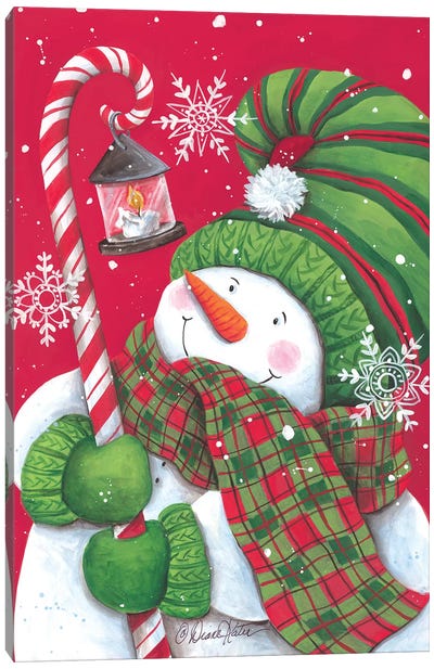 Snowman With Candy Cane Light Canvas Art Print - Snowman Art