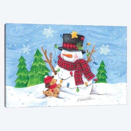 Snowman And Christmas Lights Canvas Print #DKT55} by Diane Kater Canvas Artwork