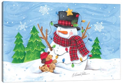 Snowman And Christmas Lights Canvas Art Print - Snowman Art