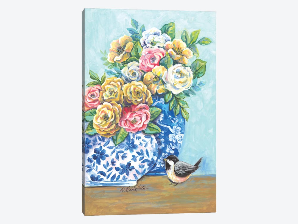 Blue & White China Pots Floral by Diane Kater 1-piece Canvas Art