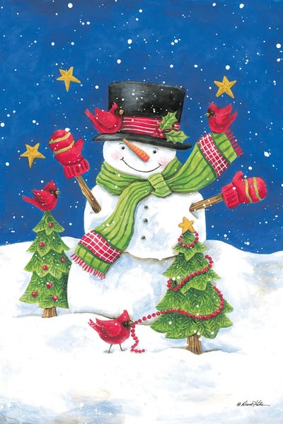 Diane Kater: Snowman And Cardinals by Diane Kater