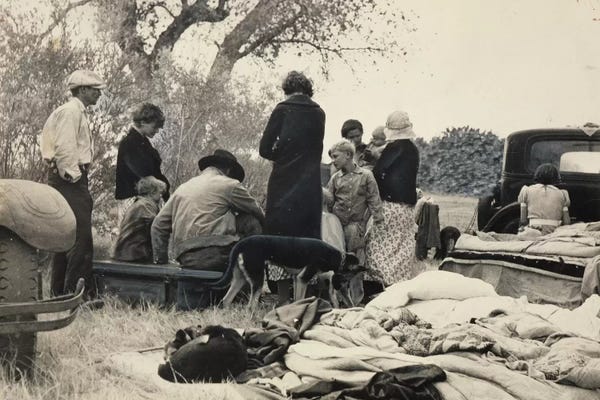 Dorothea Lange: Penniless Oklahoma Refugees Along The Highway, Near Bakersfield, California, USA by Dorothea Lange