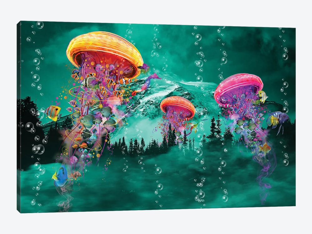 Electric Jellyfish in front of a Mountain by David Loblaw 1-piece Canvas Print