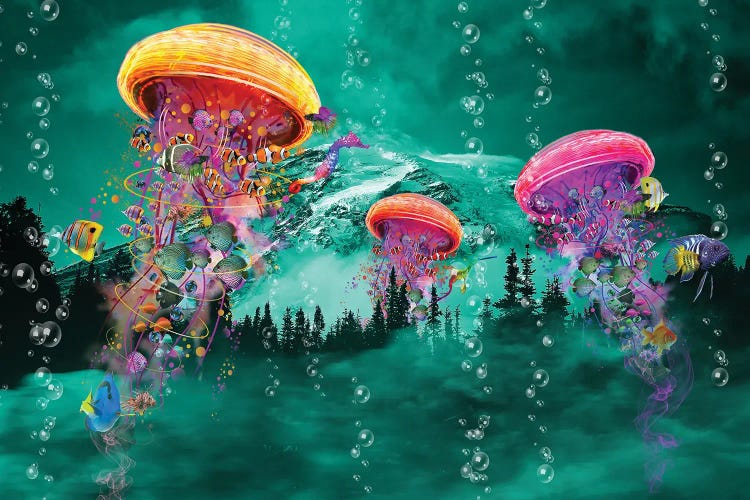 Electric Jellyfish in front of a Mountain by David Loblaw wall art