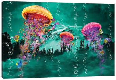 Electric Jellyfish in front of a Mountain Canvas Art Print - David Loblaw