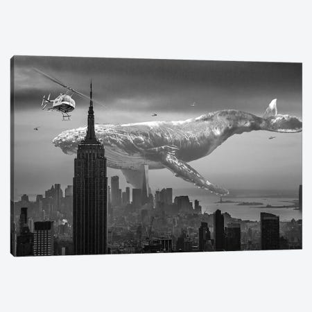 Mega Whale Over New York City Canvas Print #DLB116} by David Loblaw Canvas Wall Art
