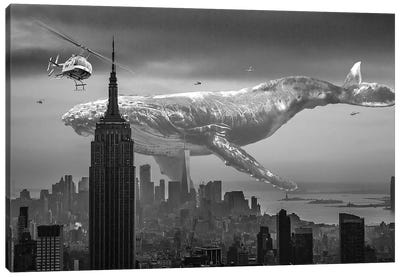 Mega Whale Over New York City Canvas Art Print - Gray Art