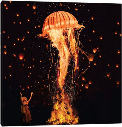Jellyfish Rising From The Flames Canvas Art Print - Imagination Art