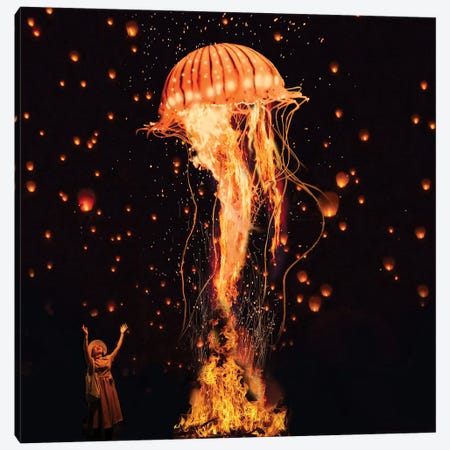 Jellyfish Rising From The Flames Canvas Print #DLB13} by David Loblaw Canvas Artwork