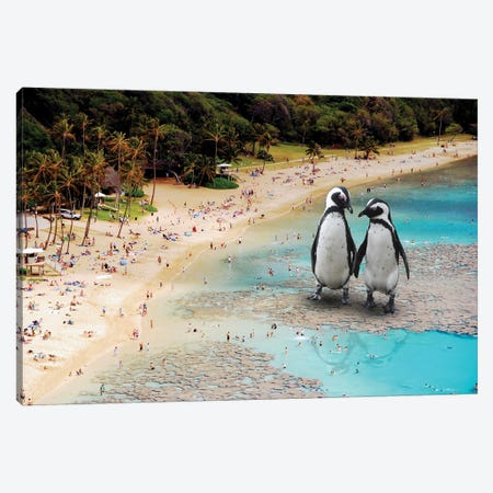 Penguins At The Beach Canvas Print #DLB146} by David Loblaw Art Print