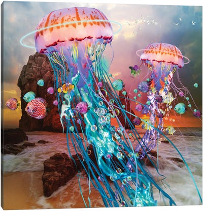 Jellyfish Migration Canvas Art Print - Rocky Beach Art