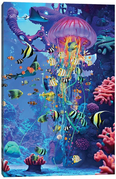 Jellyfish At The Surreal Reef Canvas Art Print - David Loblaw