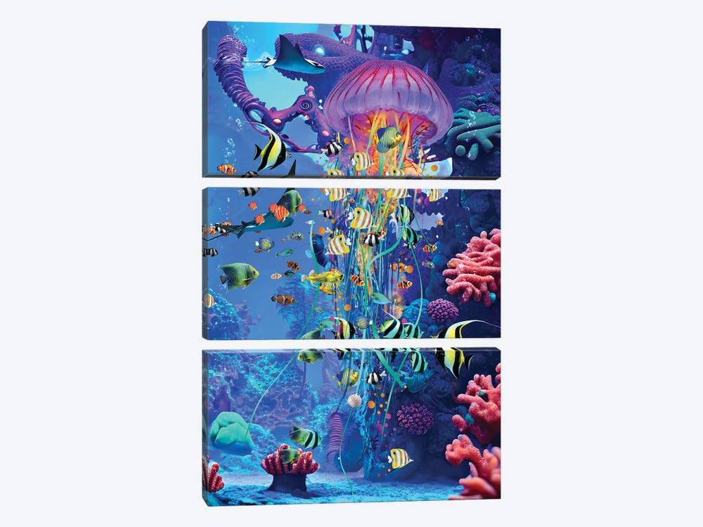 Jellyfish At The Surreal Reef by David Loblaw 3-piece Canvas Art