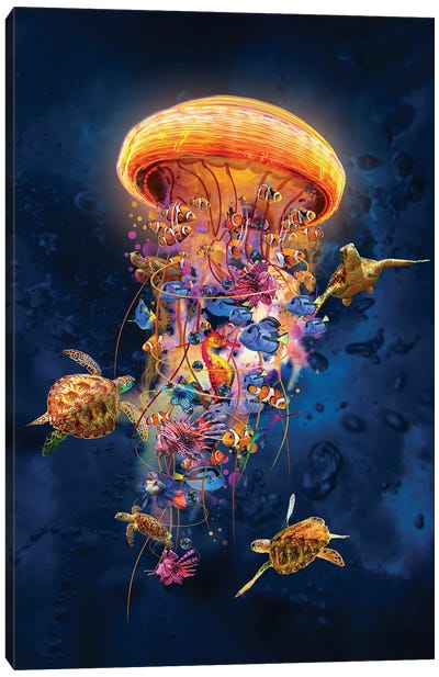 Jellyfish With Tropical Fish Canvas Art Print - David Loblaw