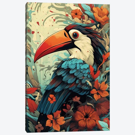 Tucan With Flowers Canvas Print #DLB188} by David Loblaw Canvas Wall Art